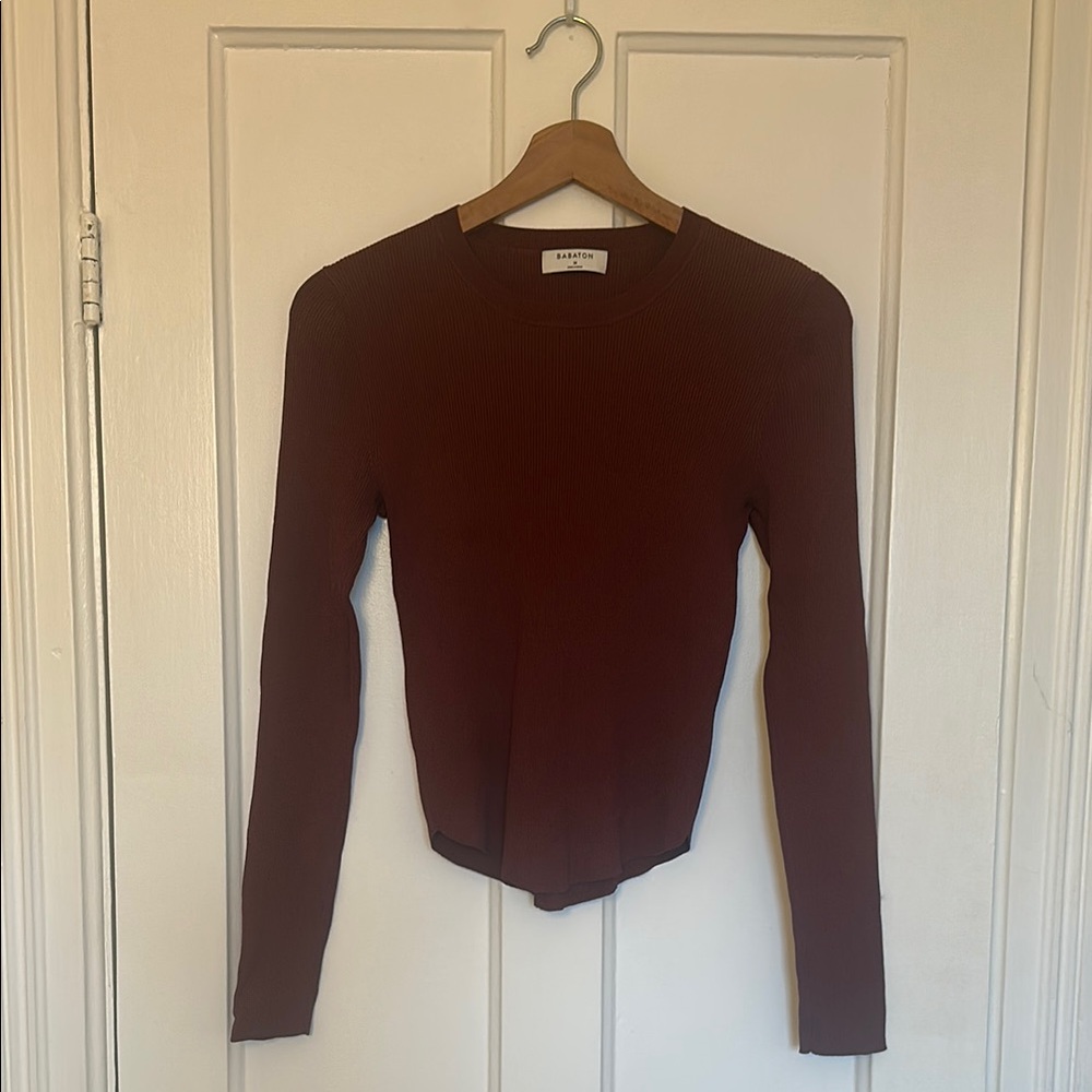 Babaton Maroon Ribbed Cropped Long Sleeve Women's Top
